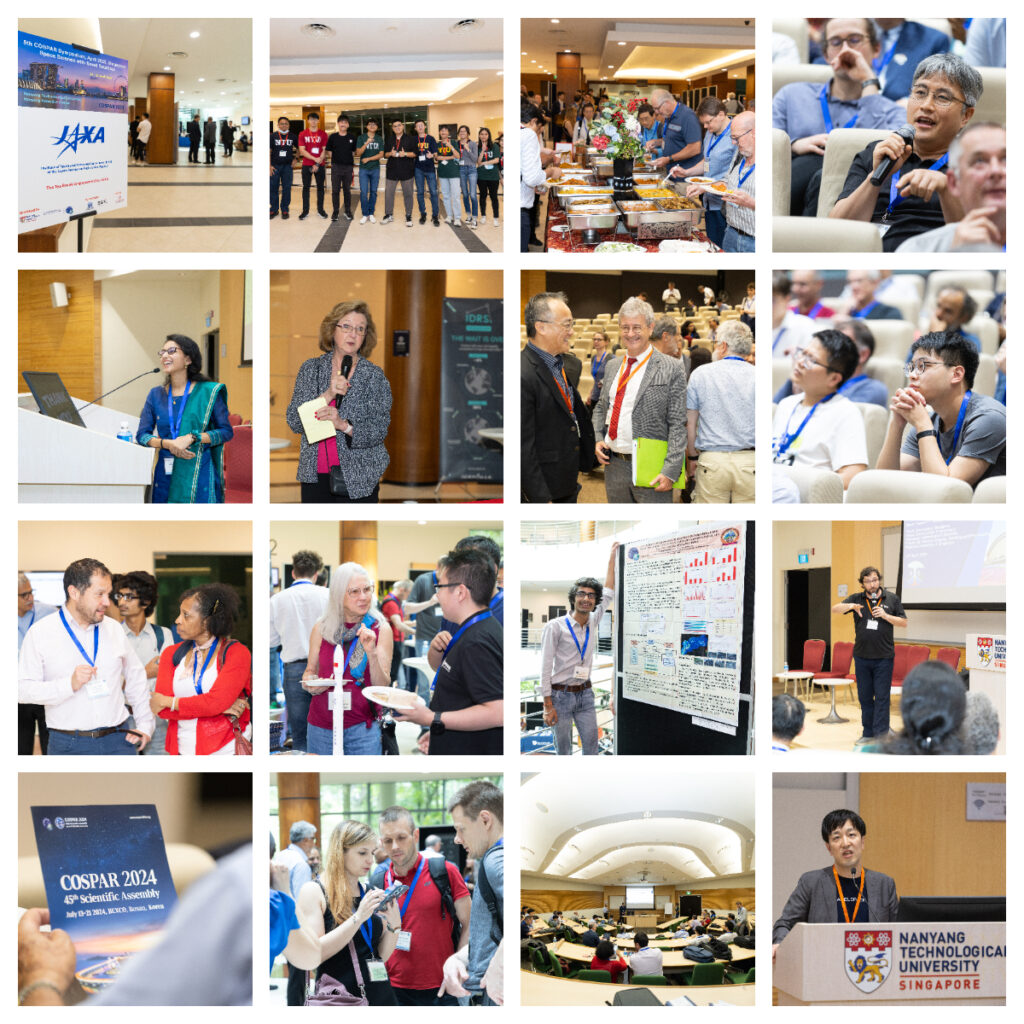 Collage of several colour photos of people attending the 5th COSPAR Symposium at the Nanyang Technological University in Singapore